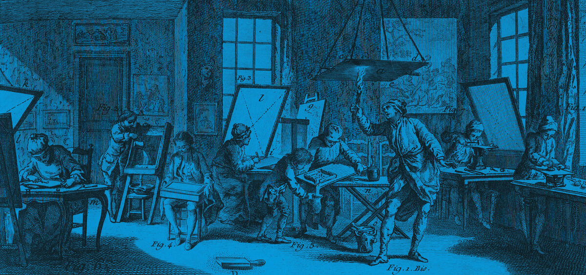 Gravure ancienne d'un atelier de gravure : une dizaine d'artisans au travail sur des planches, des presses et des cuivres.
