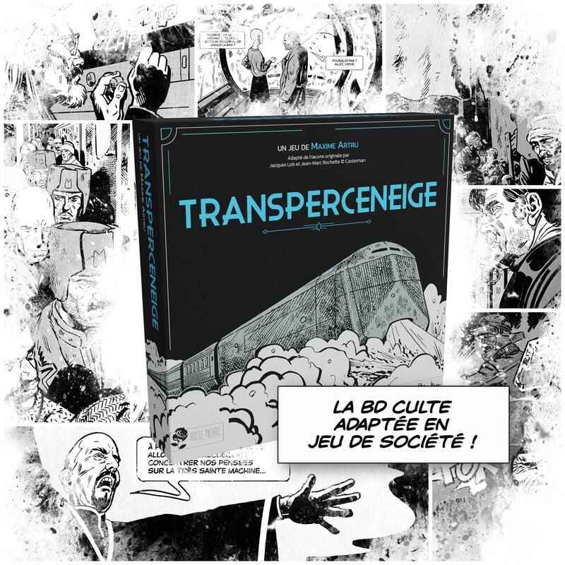 La boîte du jeu Transperceneige posée sur un fond de planches de bande dessinée en noir et blanc.