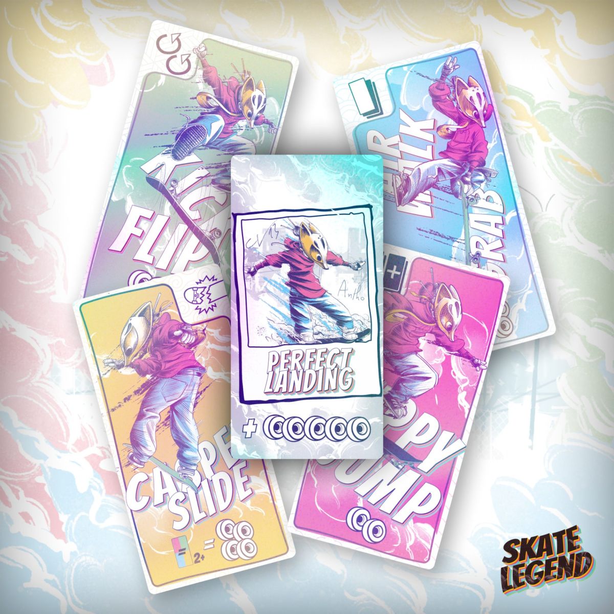 Six cartes illustrées du jeu Skate Legend disposées en éventail, figurant des skateurs en action.
