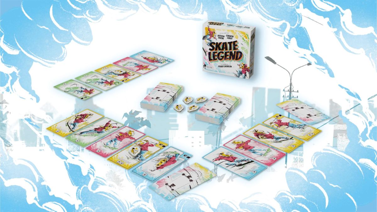 La mise en place complète du jeu Skate Legend : cartes disposées en cercle, pioches au centre, boîte à côté.